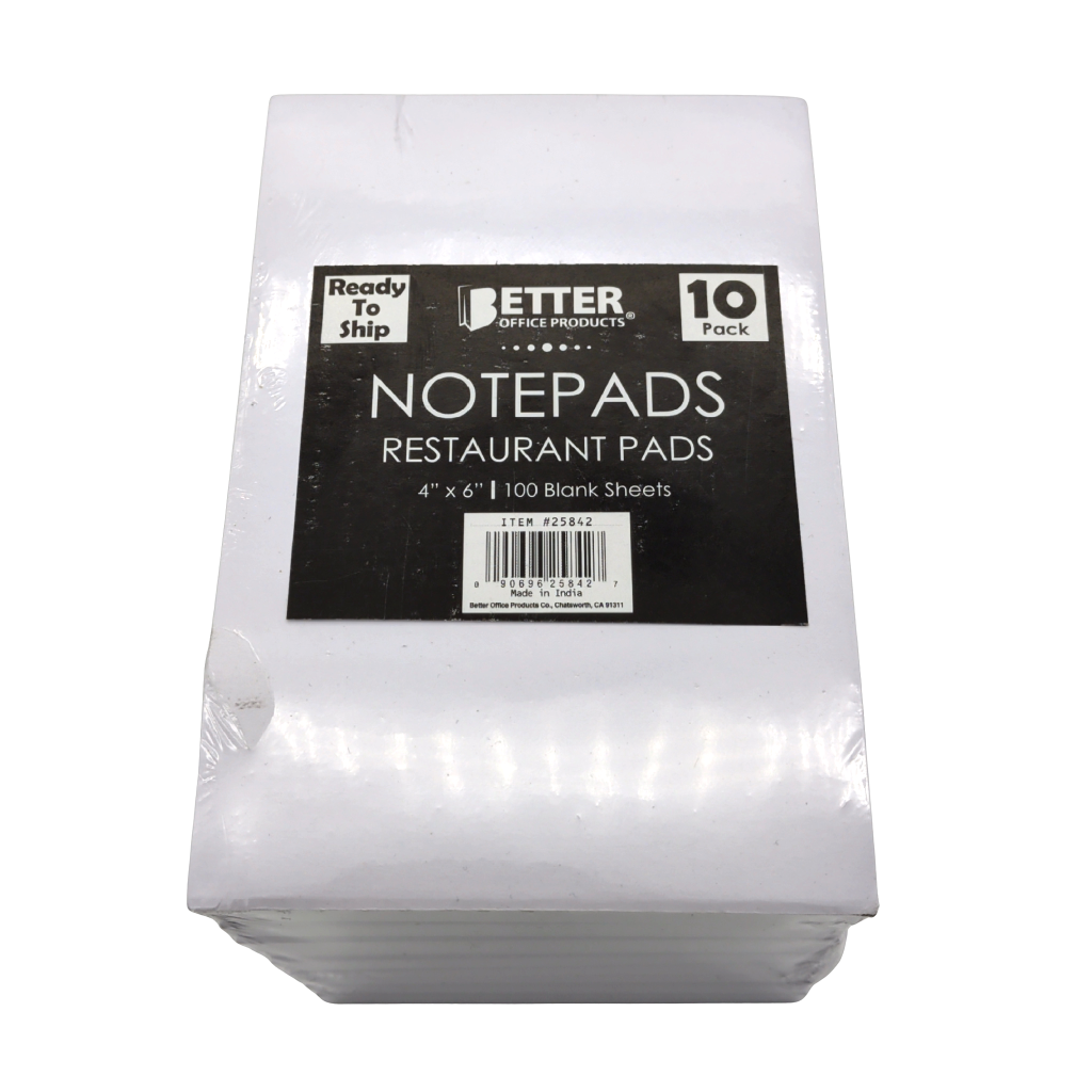 Restaurant Notepads 4" x 6" 100 Sheets 10pk. Better Office Products (break up $0.69ea.)