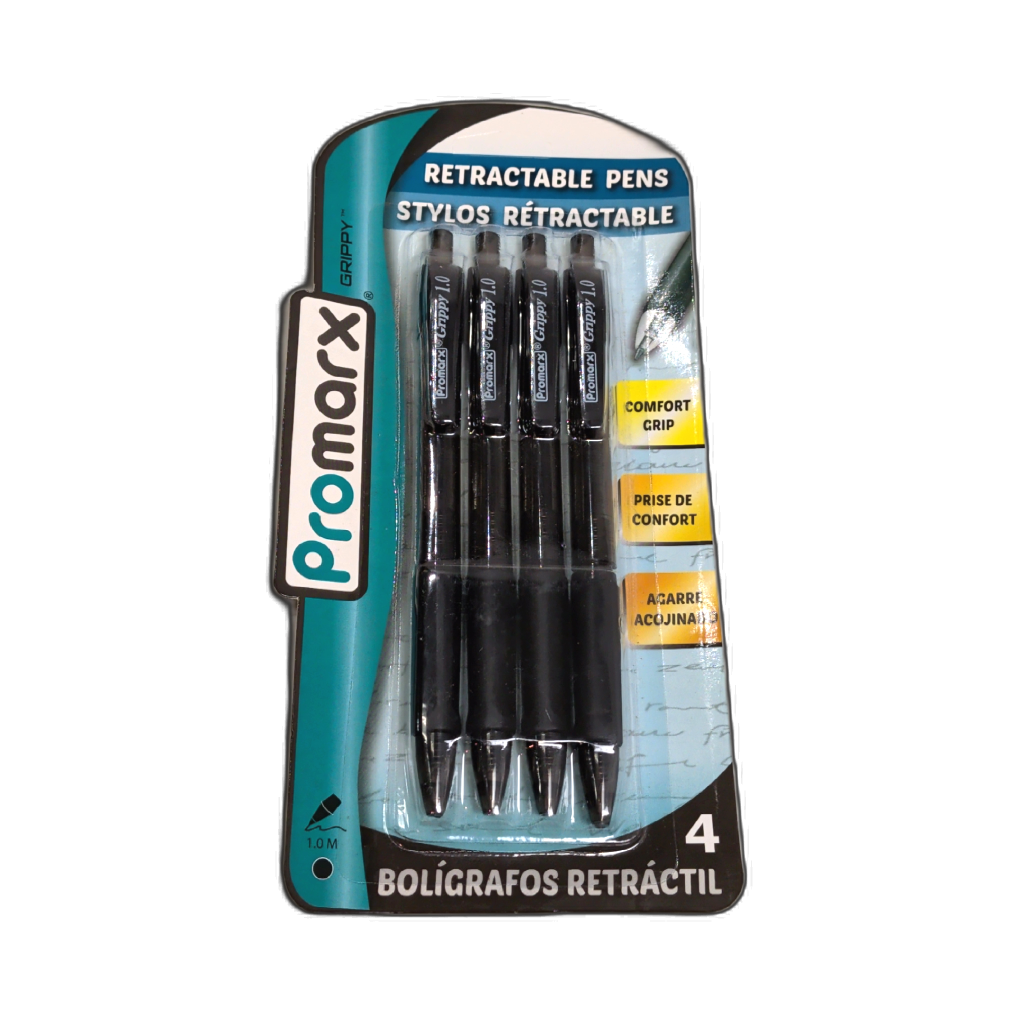Retractable Pens 4pk. Black Comfort Grip Promax Grippy