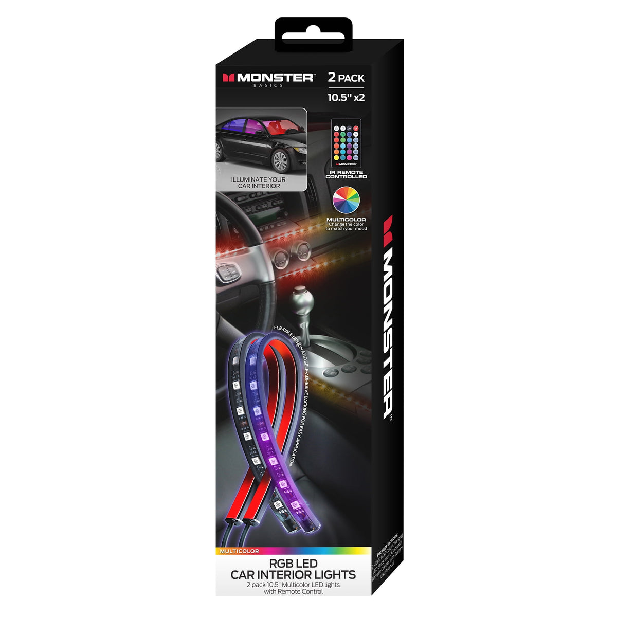 RGB LED Car Interior Strip Lights 10.5" 2pk. Multicolor w/Remote Monster - Additional View