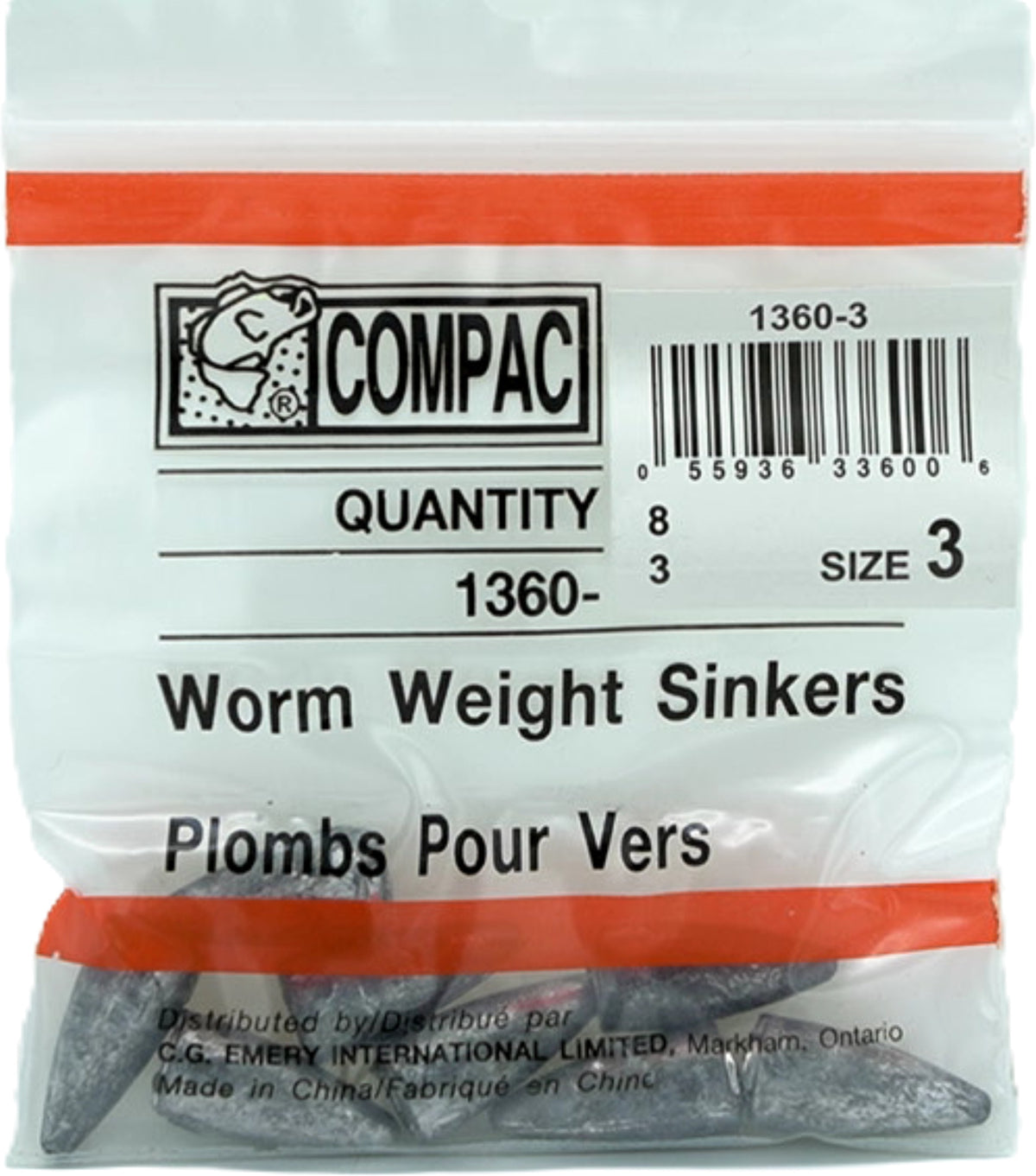 Drop weight worm sinkers, 1/4 oz, 8 pack