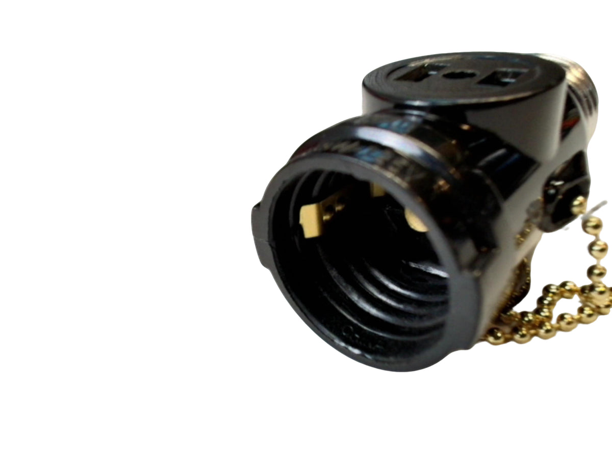 Pull chain socket adapter medium base single to twin outlets black - Additional View