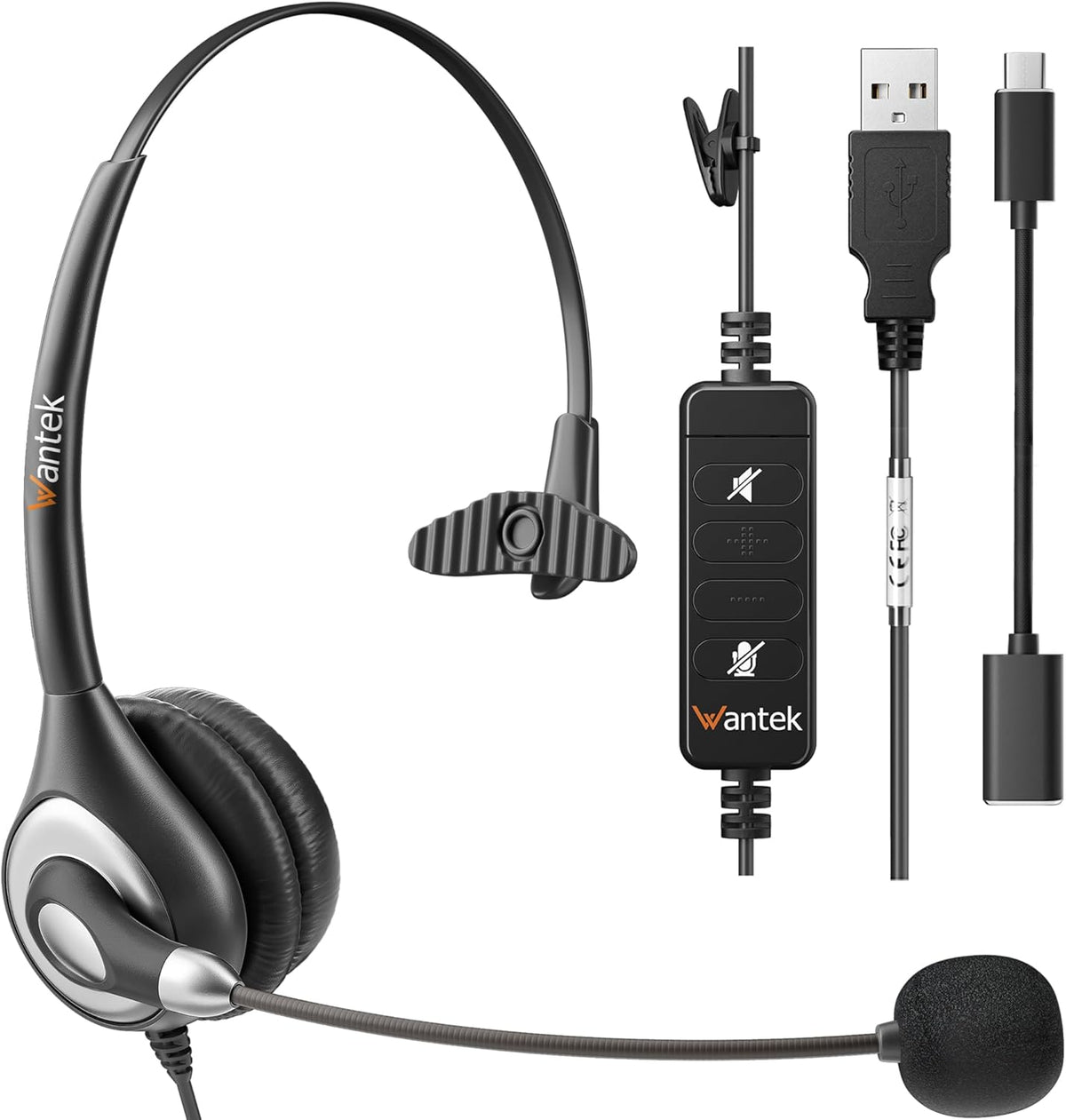 Computer Headset w/Mic 3.5mm w/USB-C Adapter Inline Control Wantek