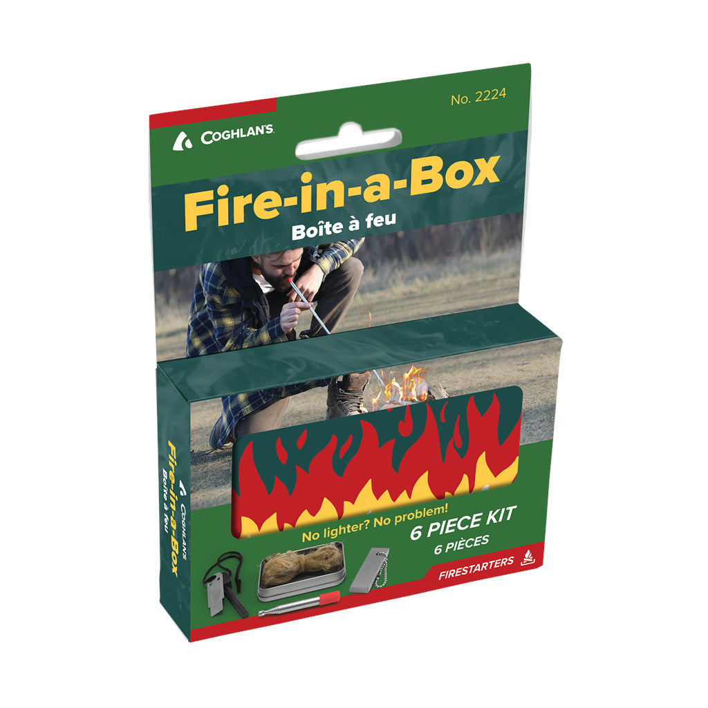 Fire In A Box - barre de magnésium, tige de silex, grattoir en silex, soufflet, amadou de jute dans une boîte de rangement en fer blanc