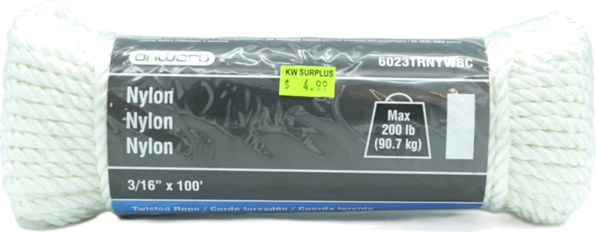 Corde torsadée en nylon, 4,76 mm x 30,48 m, blanche, 90,72 kg. Onward