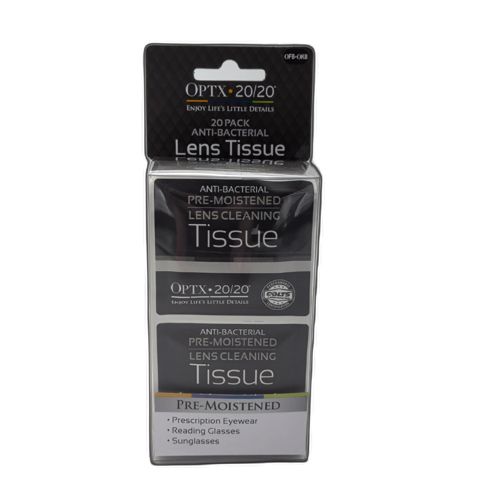 Lens Cleaning Tissue 20pk. Anti-Bacterial Pre-Moistened Optx 20/20