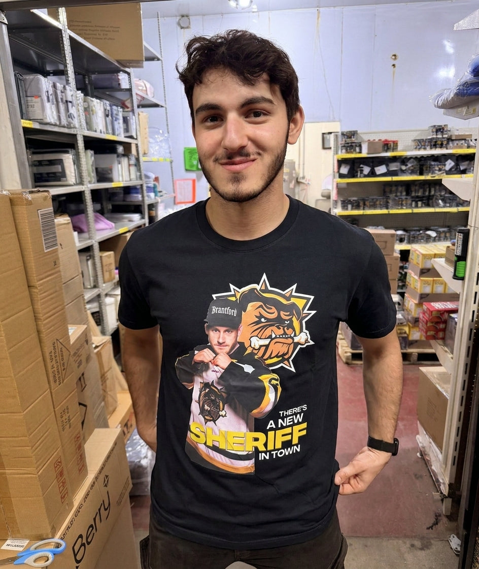 Brantford Bulldogs Ryder Boulton tee shown on a model