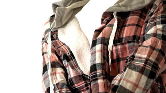Ladies Sherpa Shirt w/Hood Pink Plaid Ass't Sizes Orange Kiss - Additional View
