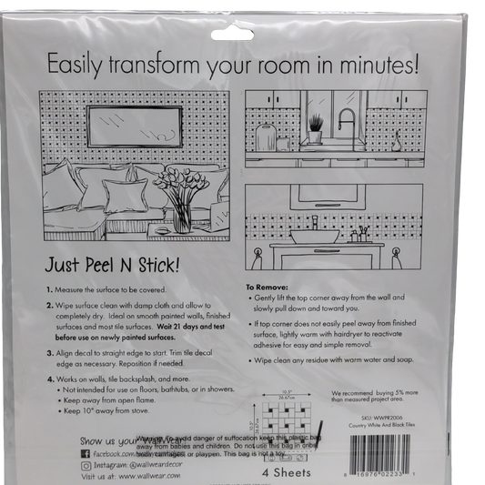 Peel & Stick Decorative Wall Decals Country White & Black 10.5" x 10.5" 4pk. Splash Wear - Additional View