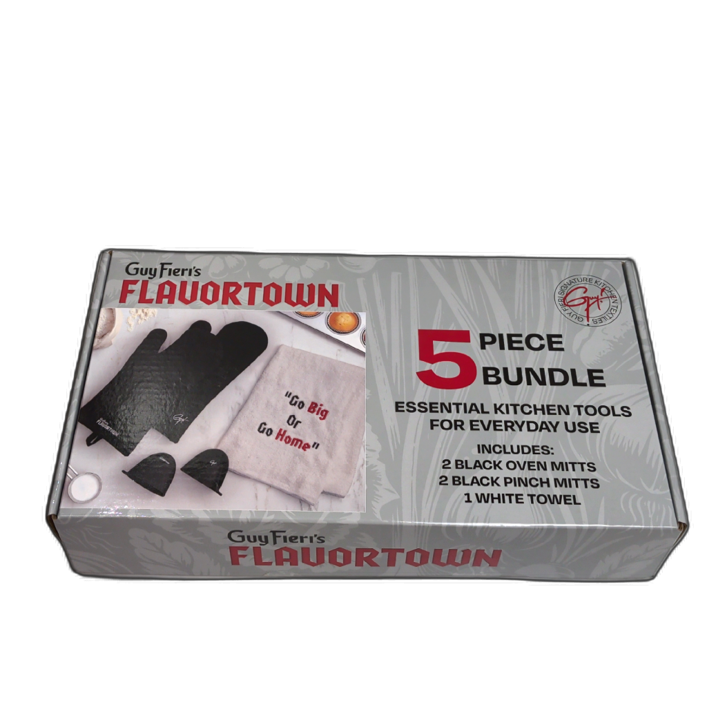 Guy Fieri's Flavortown 5pc. Kitchen Tools Set Black W/oven Mitts, Pinch Mitts & Towel