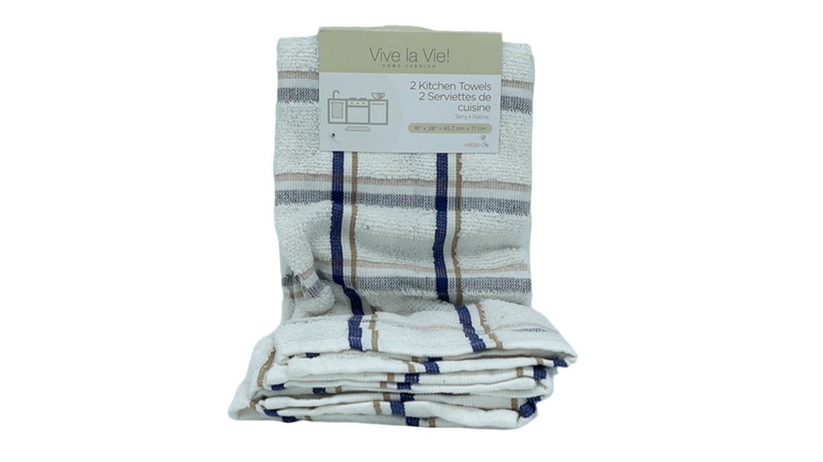 Serviettes de cuisine en tissu éponge (paquet de 2). 45,7 cm x 71,1 cm Rayures bleues Vive La Vie !