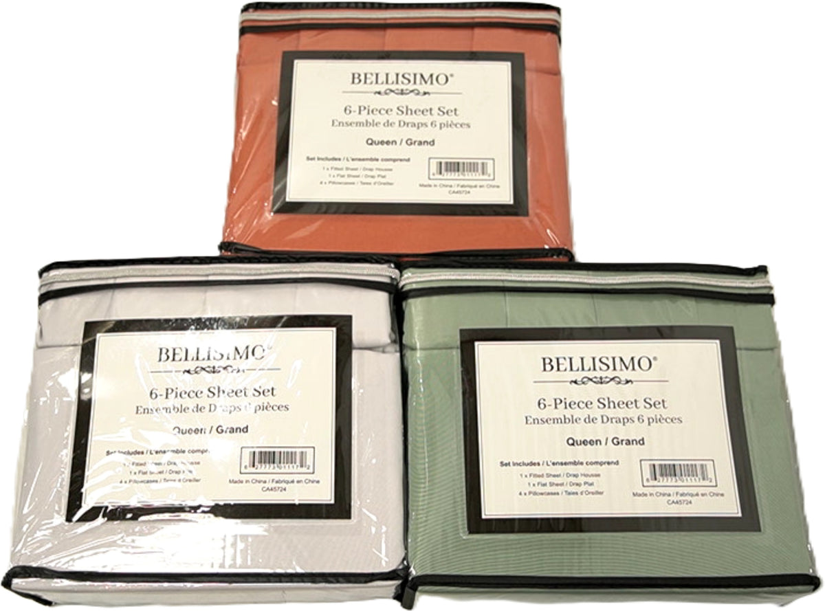 6 Piece Sheet Set Queen Size Assorted Colours Bellisimo