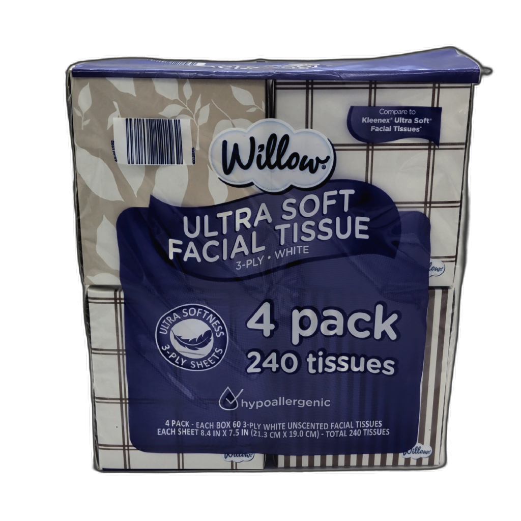 Ultra Soft Facial Tissue 4pk. X 60 Tissues 240 Total 3 Ply Willow