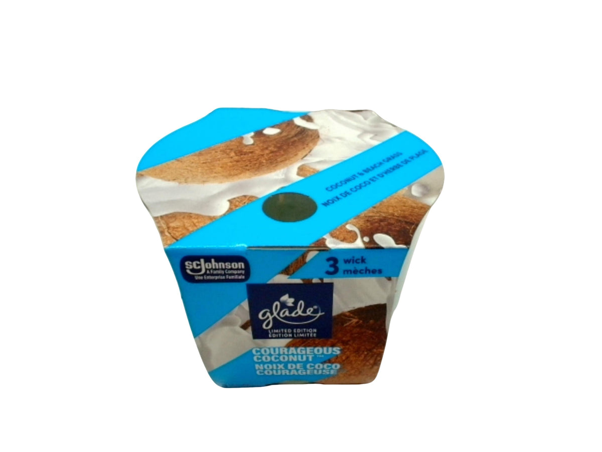 Bougie parfumée Glade 3 mèches Noix de coco audacieuse Noix de coco et herbe de plage