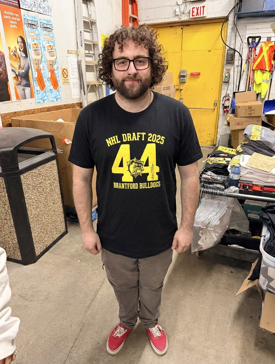 Brantford Bulldogs O'Brien draft tee shown on a model