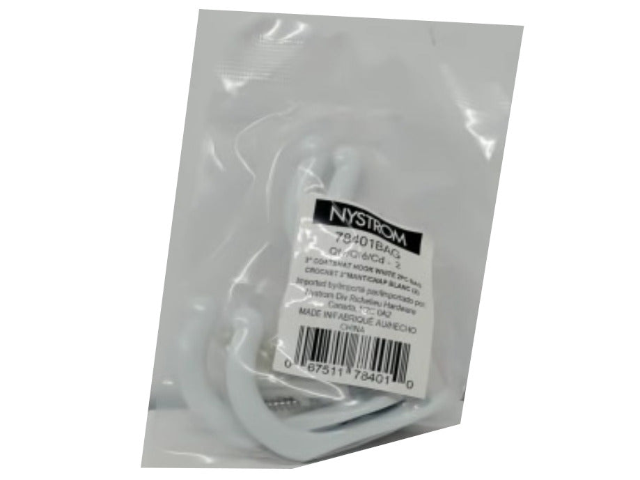 3" Coat & Hat Hook 2pc. White Nystrom