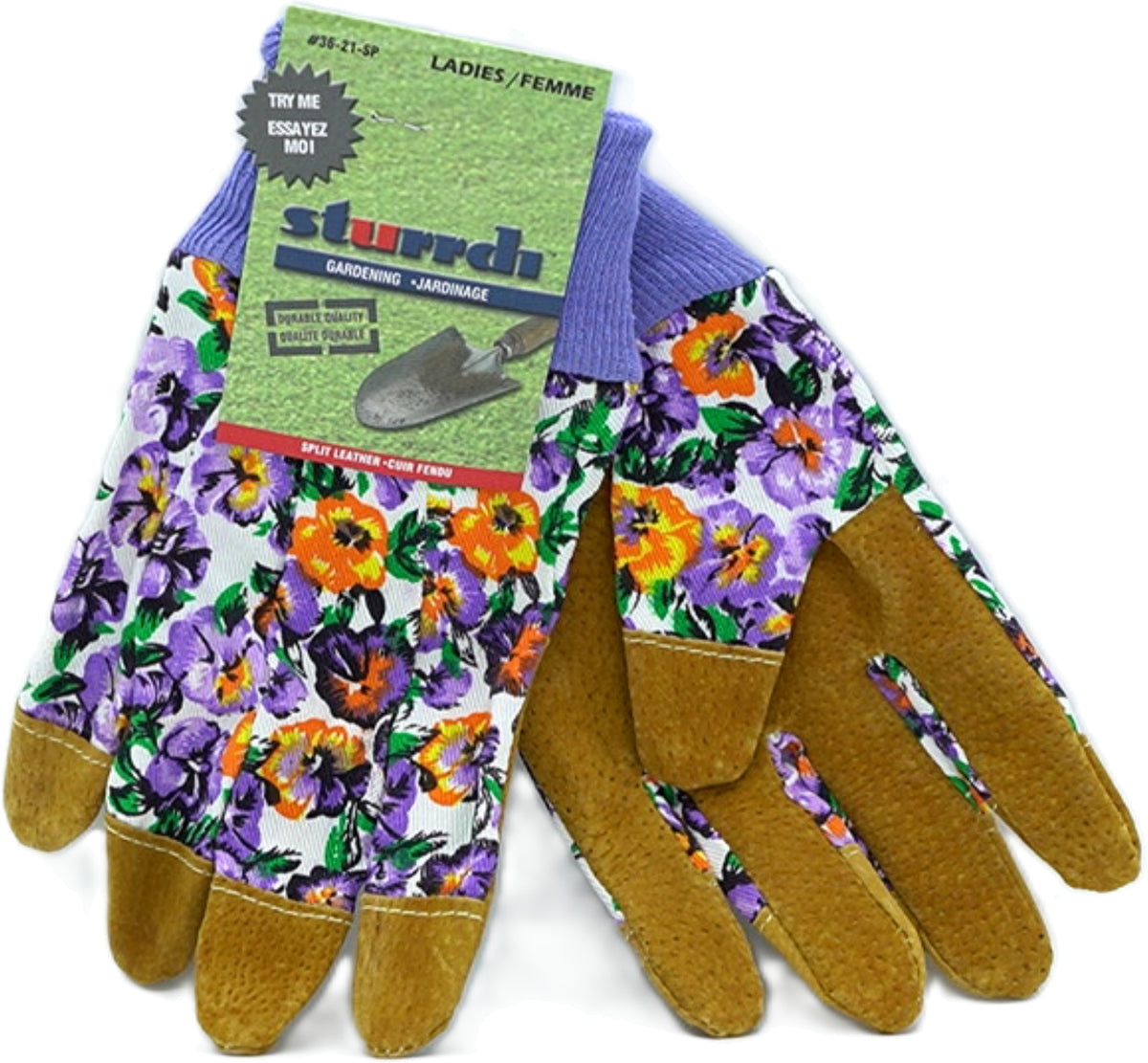 Gants de jardinage pour femme en cuir croûte de vachette motif floral avec poignets tricotés Sturrdi
