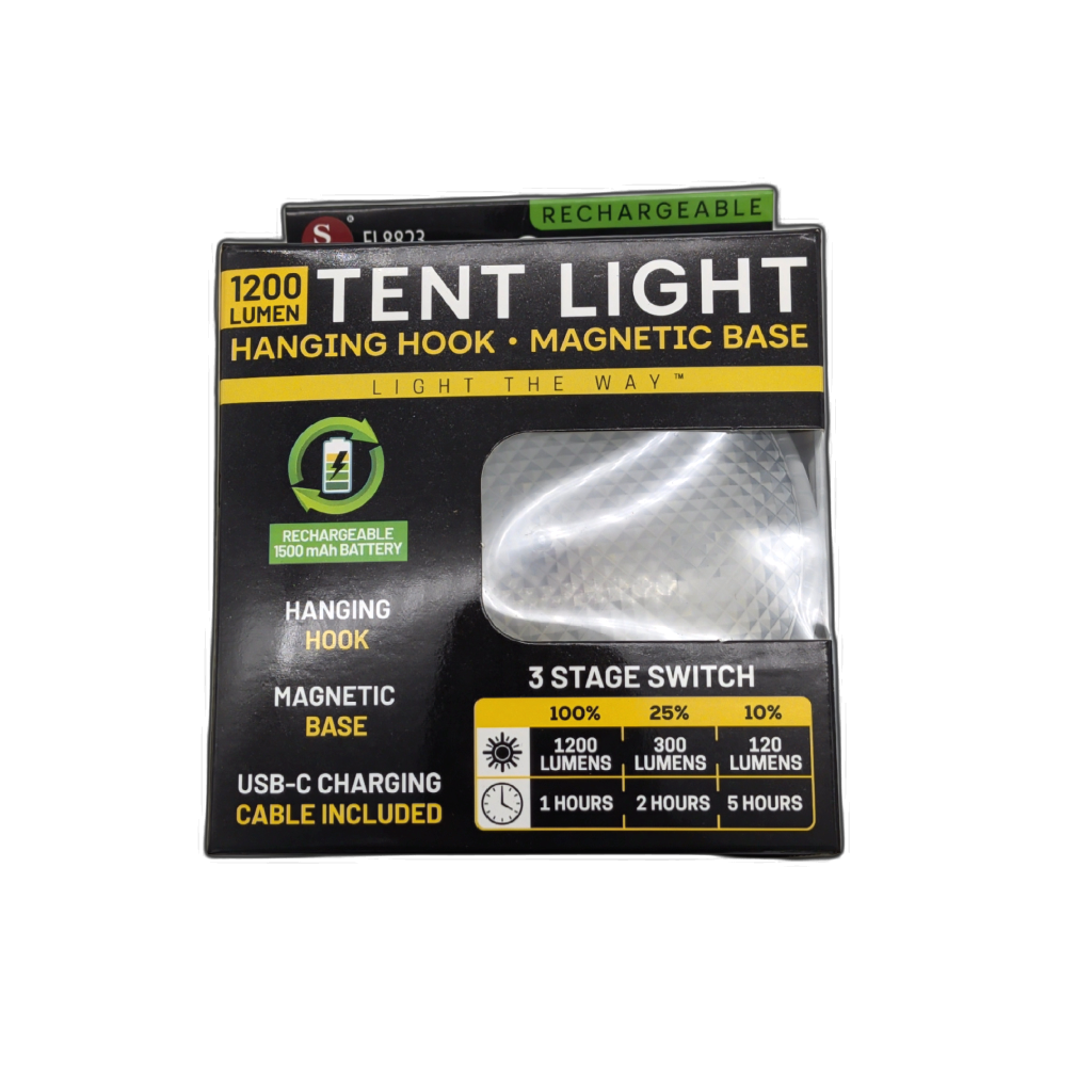 Tent Light Rechargeable 1200 Lumen Hanging Hook Magnetic Base 3 Stage Switch