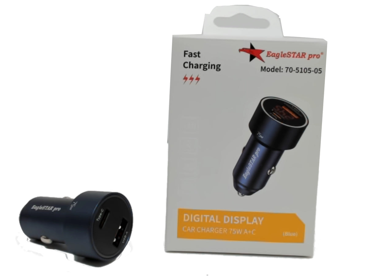 Chargeur de voiture USB C et USB A avec affichage de tension Eaglestar Pro