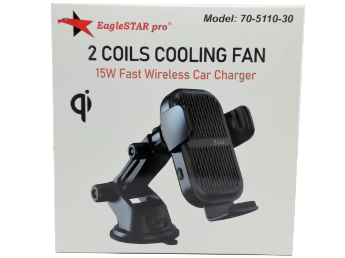 Chargeur de voiture sans fil 15W à charge rapide, support à ventouse - 2 bobines et ventilateur de refroidissement