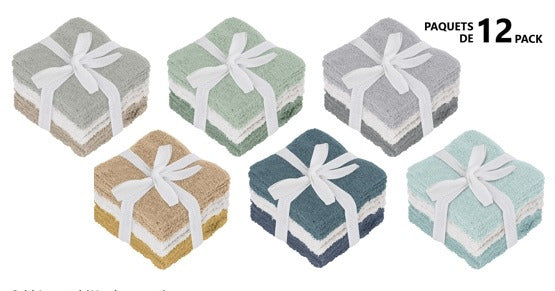 WASHCLOTHS SOLID COLOUR 12 PACK 80% COTTON/20% POLYESTER SIZE: 12" X 12"/ 30 X 30 CM
