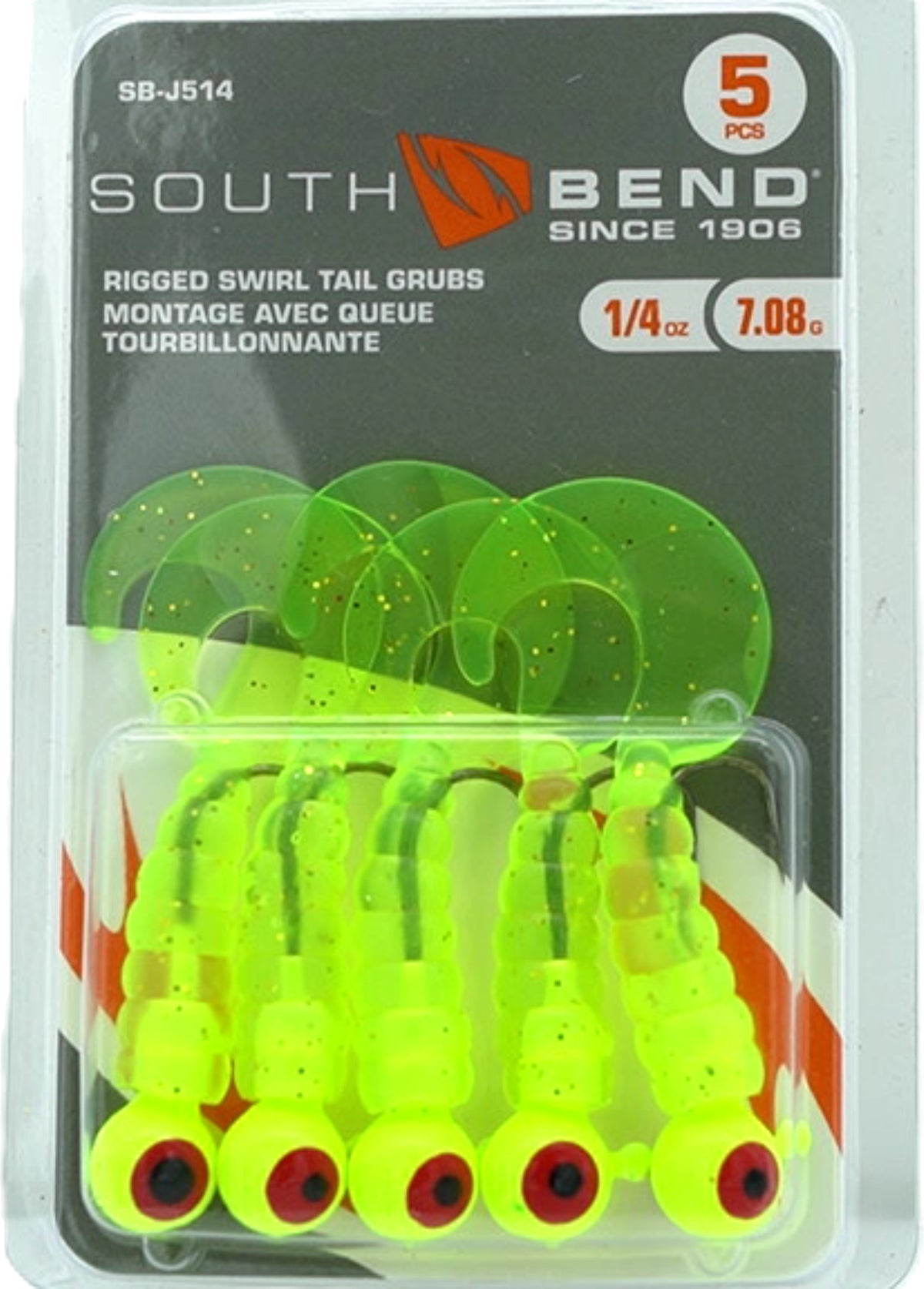 Rigged Swirl Tail Grubs 1/4oz. 5pk. Chartreuse Glitter South Bend