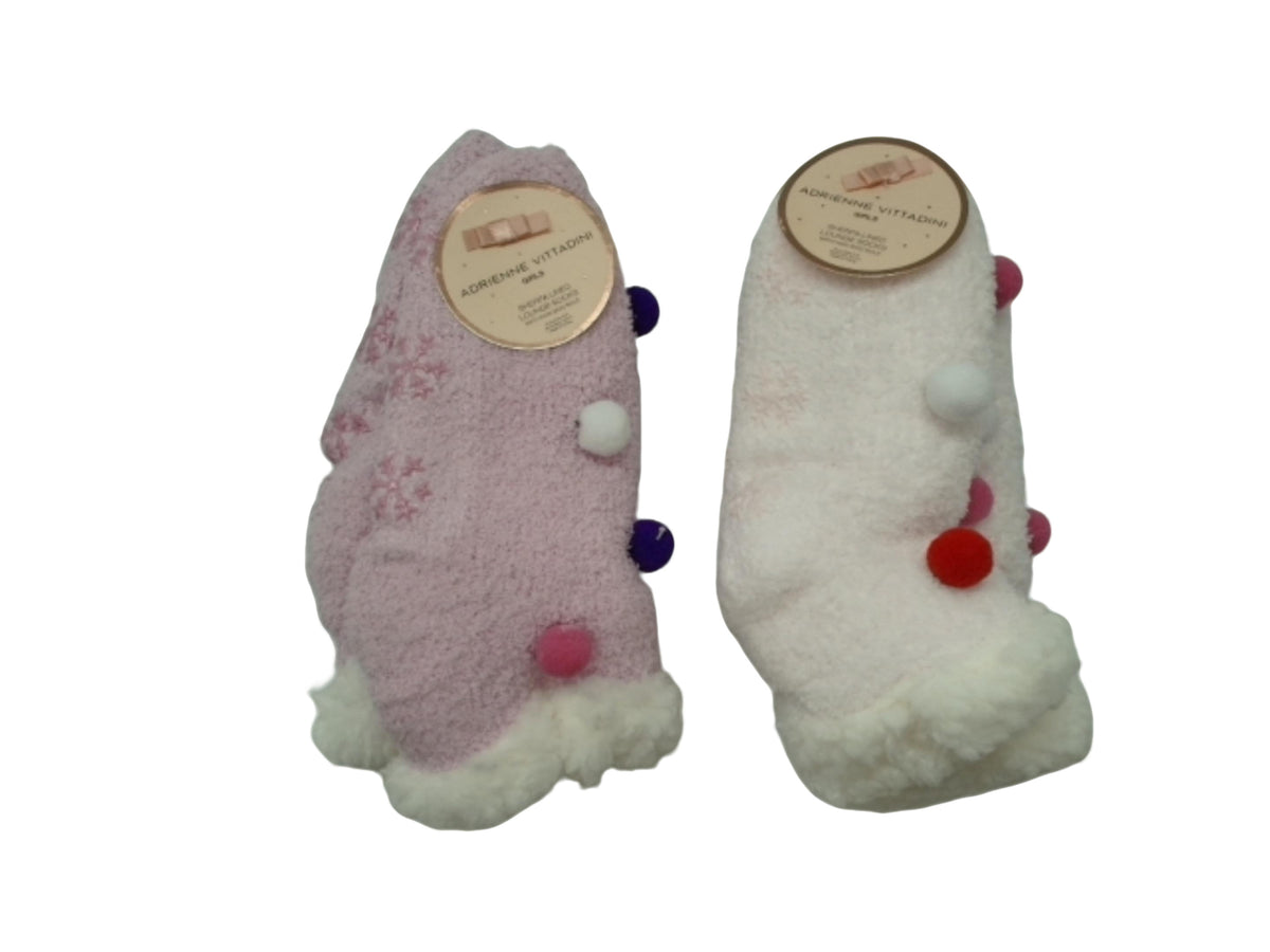 Girls Lounge Socks Sherpa Lined Non Skid W/poms Adrienne Vittadini
