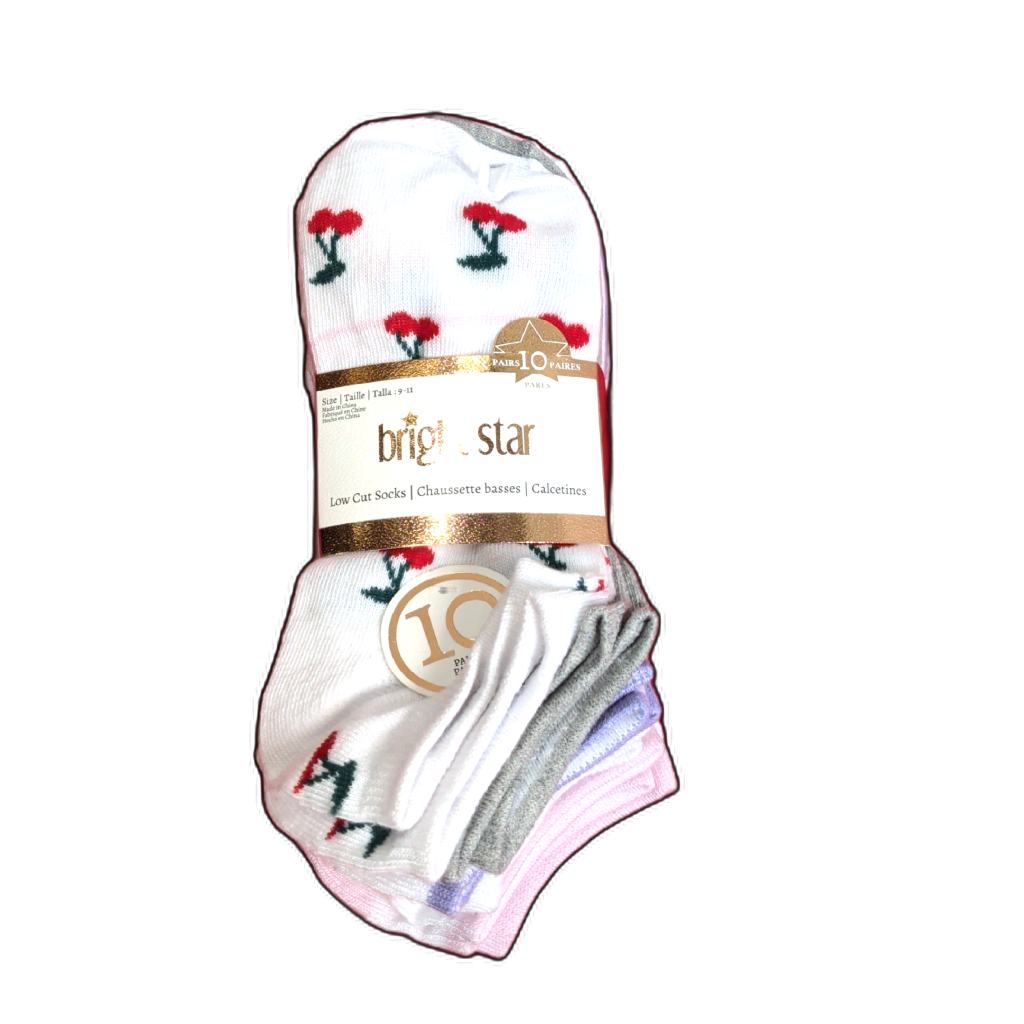 Ladies Ankle Socks White W/ Cherry 10pk Bright Star Ass't Colours