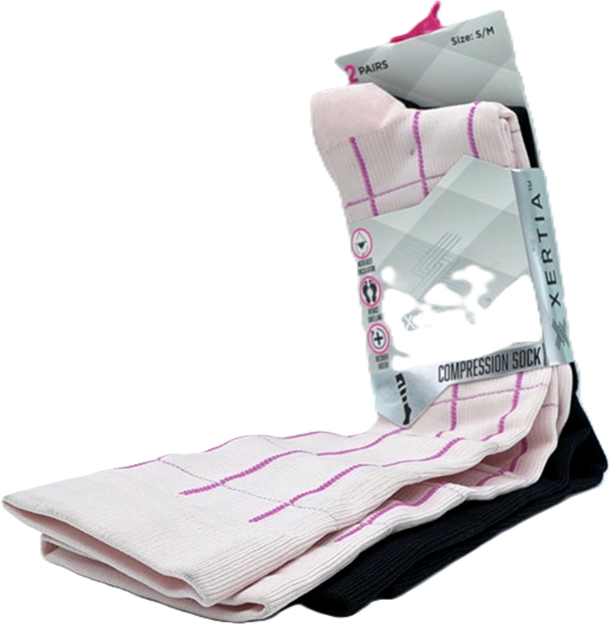 Ladies Compression Socks 2pk. Pink/black Size: S/m Xertia