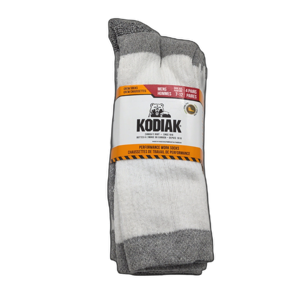 Chaussettes de travail haute performance pour homme, paquet de 4. Blanches Taille 7-12 Kodiak