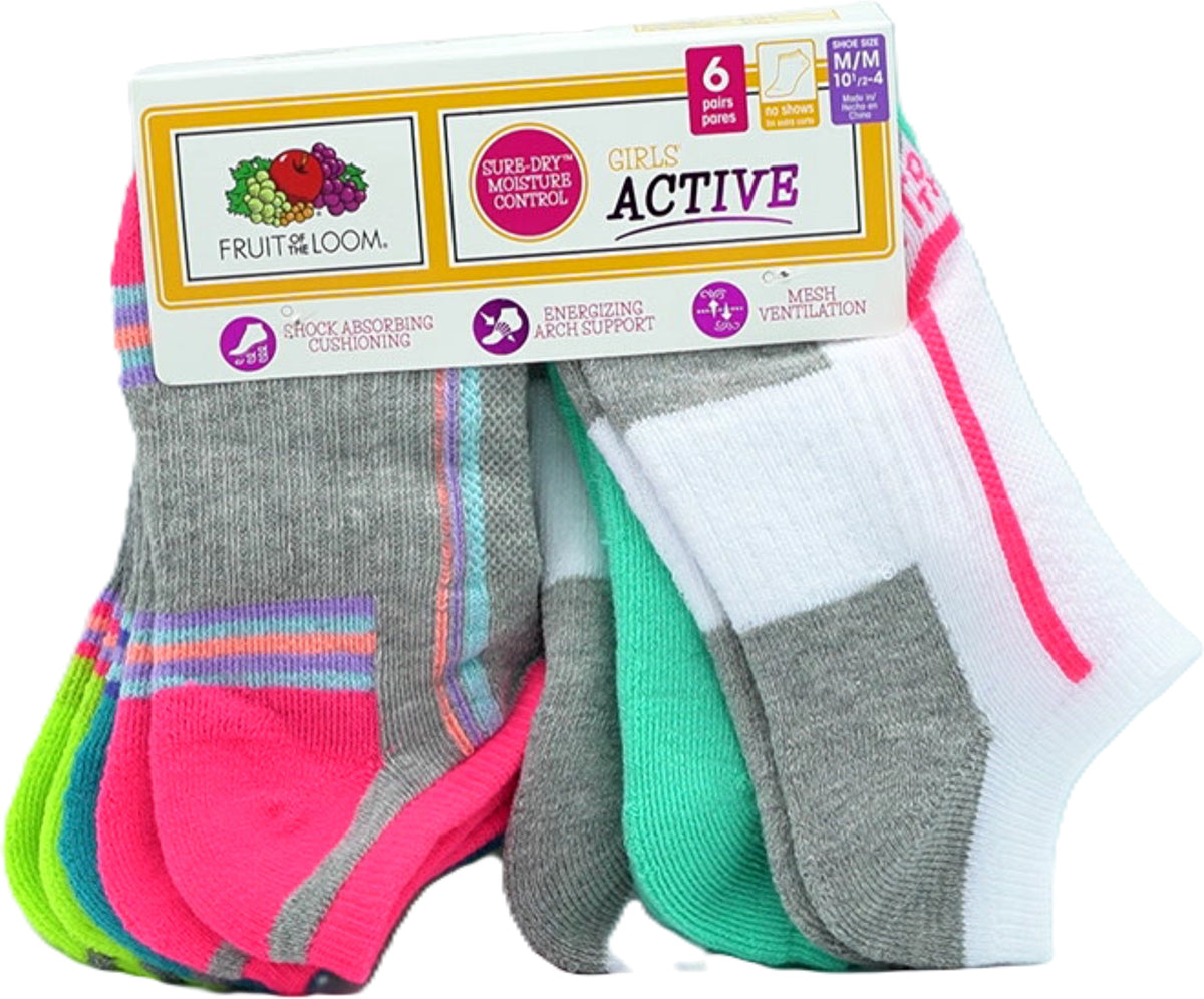 Chaussettes fille 6 paires. invisibles, couleurs assorties, pointure 10.5-4 Fruit Of The Loom