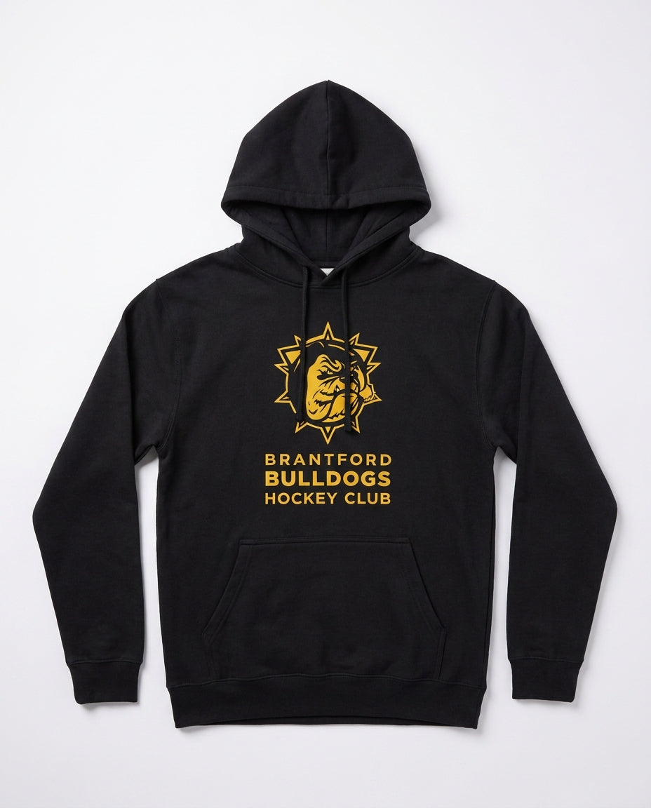 Brantford Bulldogs Hockey Club black pullover hoodie with gold bulldog crest, laid flat