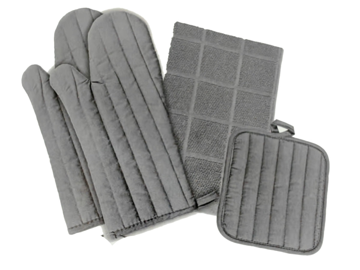 Ensembles de cuisine 4 pièces solides - mitaines, manique, essuie-tout gris