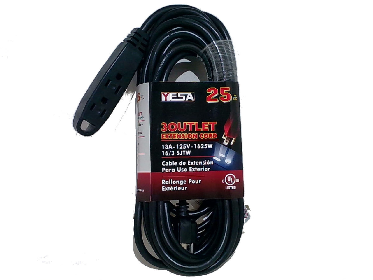 Extension cord 16 gauge 25 foot outdoor 3 outlet 3 prong black