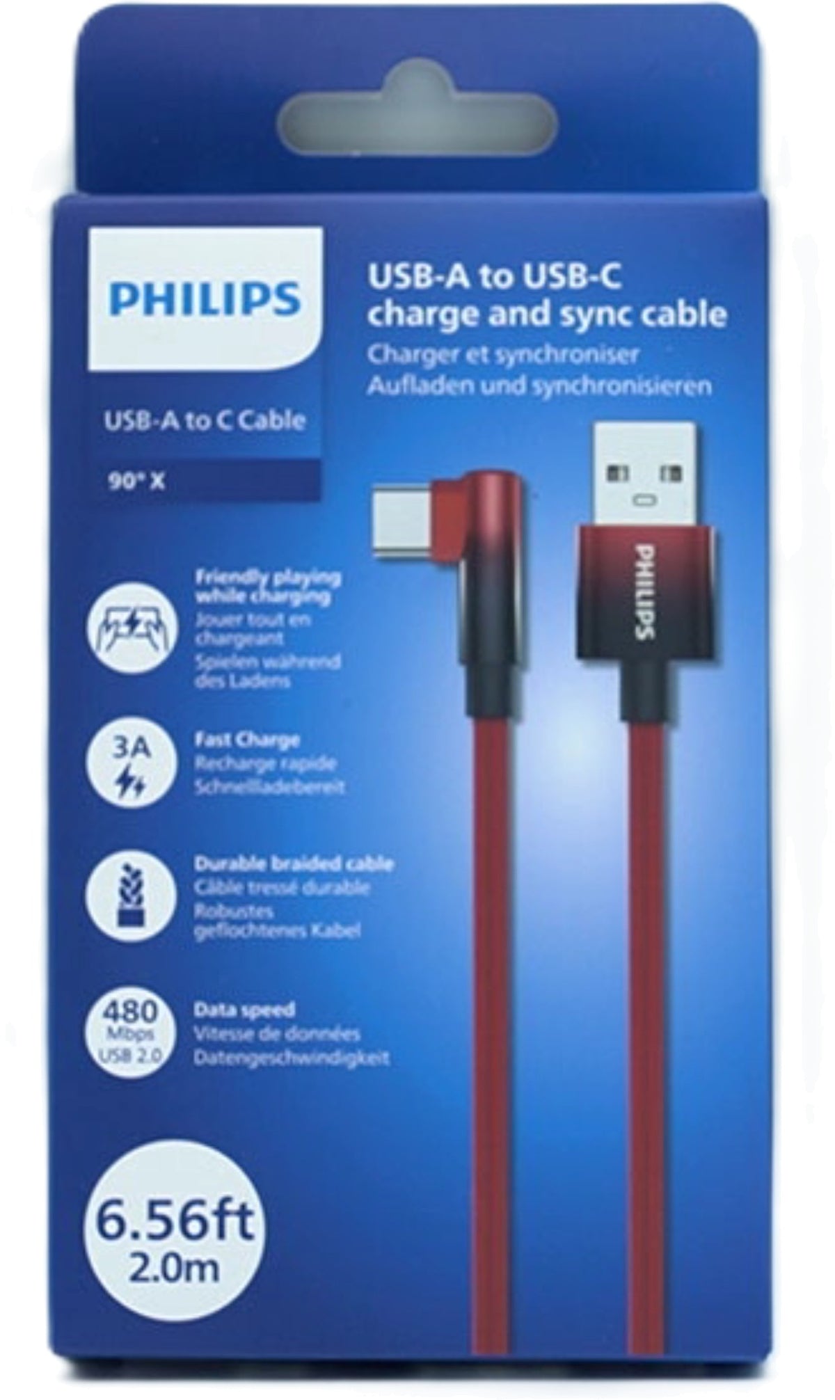USB A - USB C 6.5Ft 90 Degree Red Braided Cable Philips
