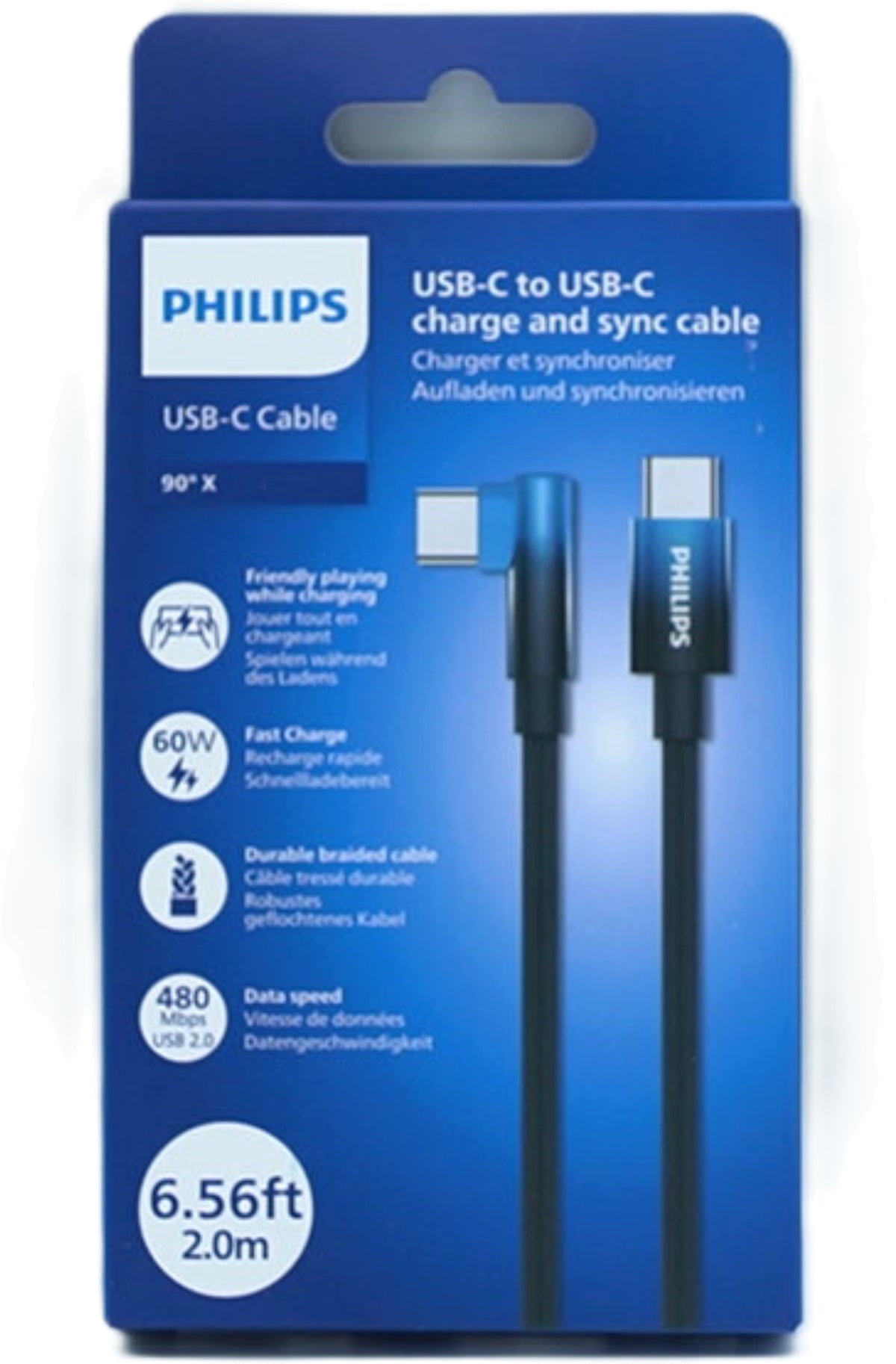 Câble tressé bleu USB C vers USB C de 1,98 m à 90 degrés Philips