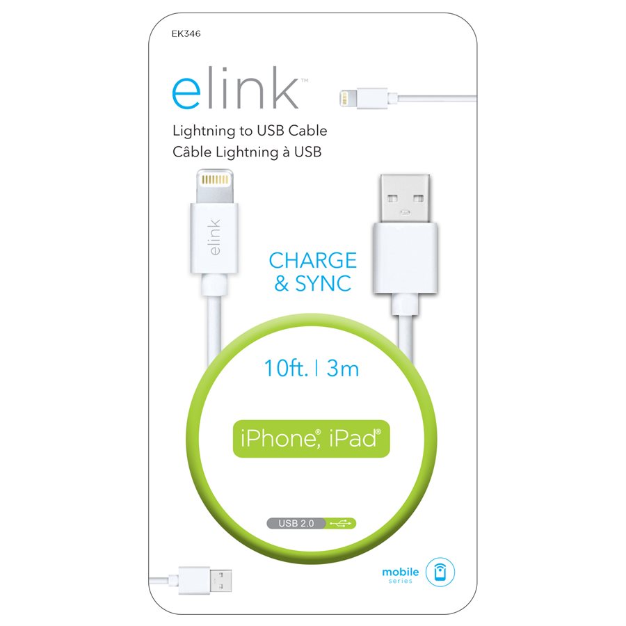 USB A - Lightning 10Ft White Cable Elink