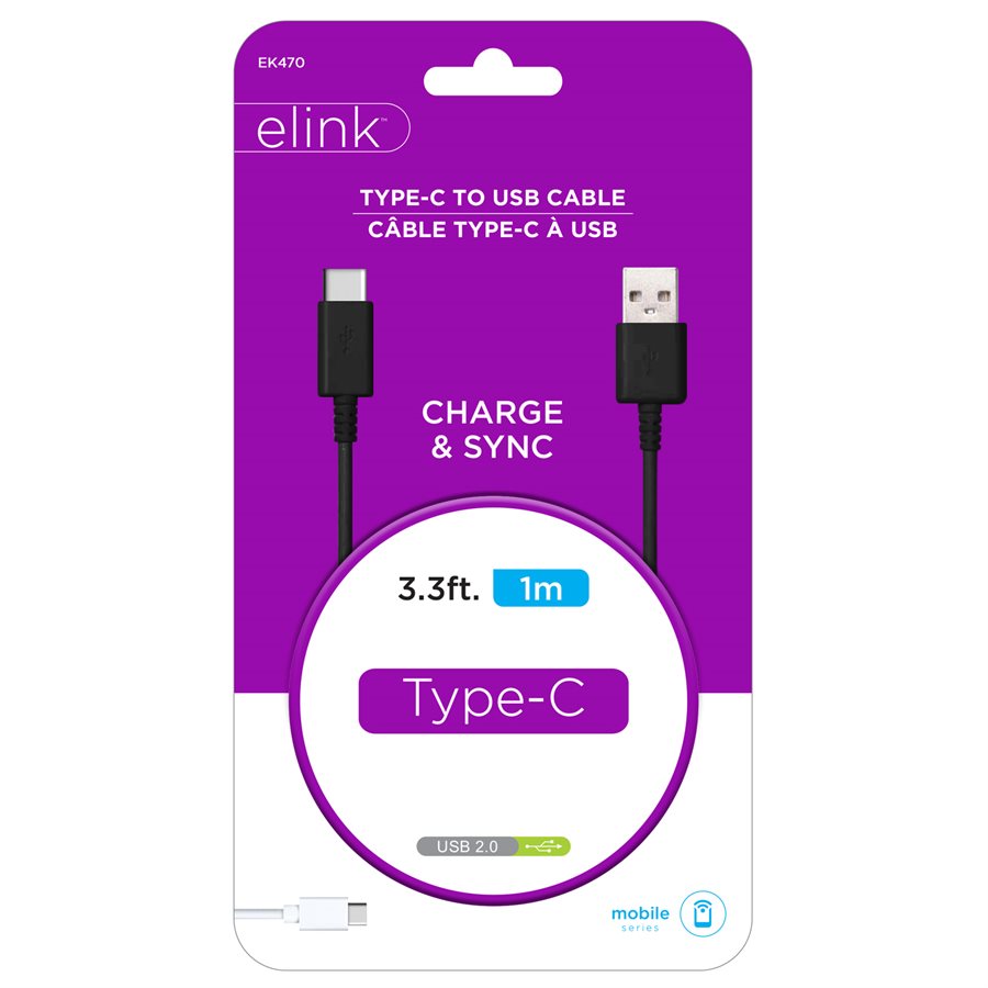 USB A - USB C 3.3Ft Black Cable Elink