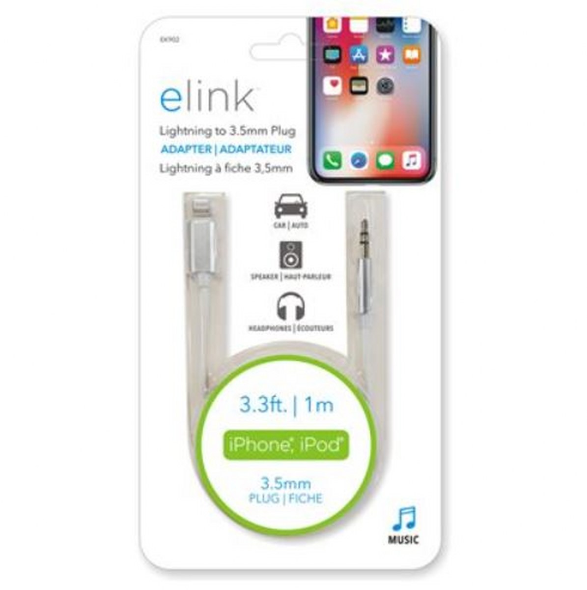 Câble Elink USB Lightning vers AUX 3,3 pi blanc