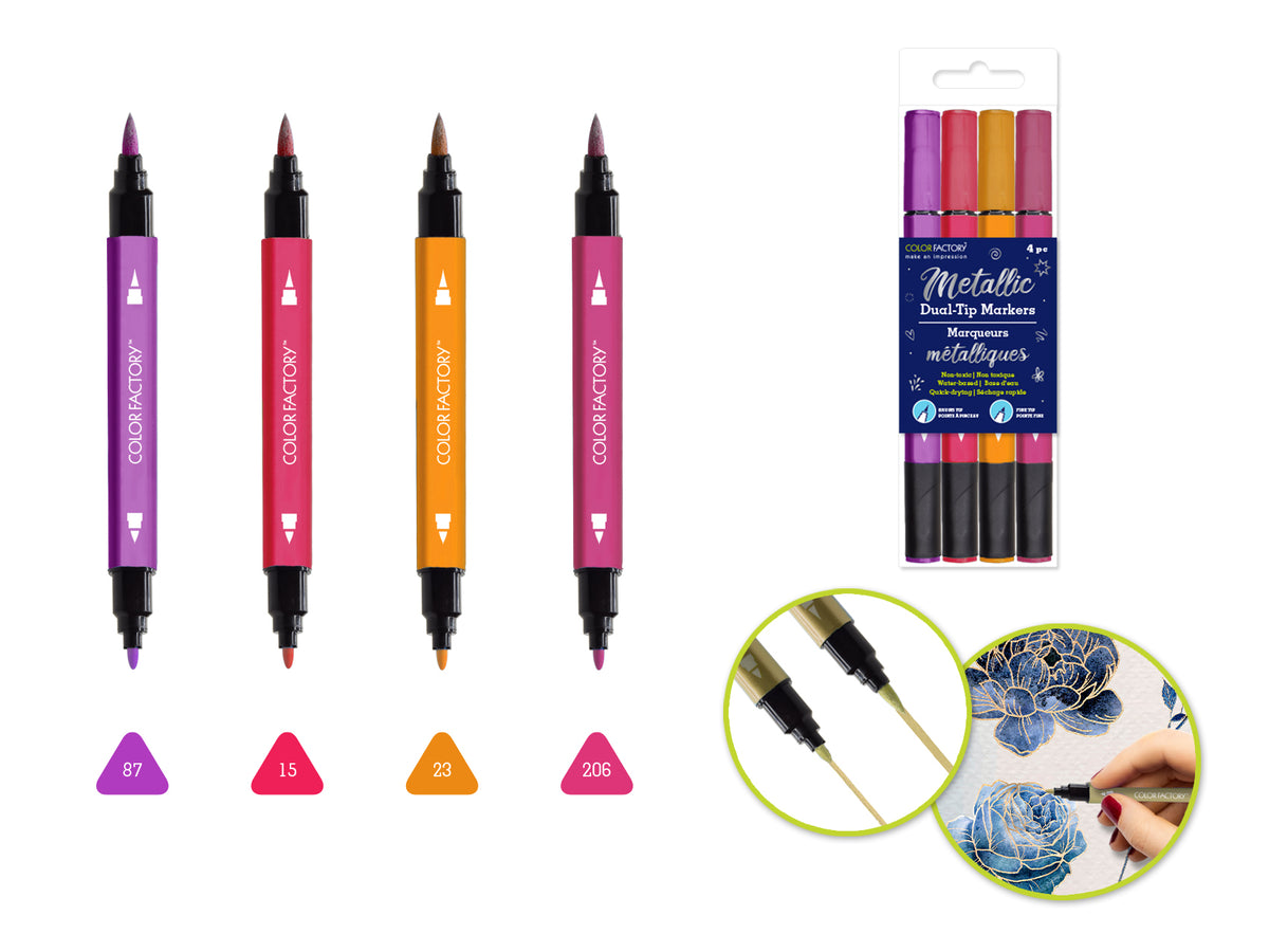 Metallic Dual-Tip Markers Fine+Brush 4pk Water Based D) Fresh