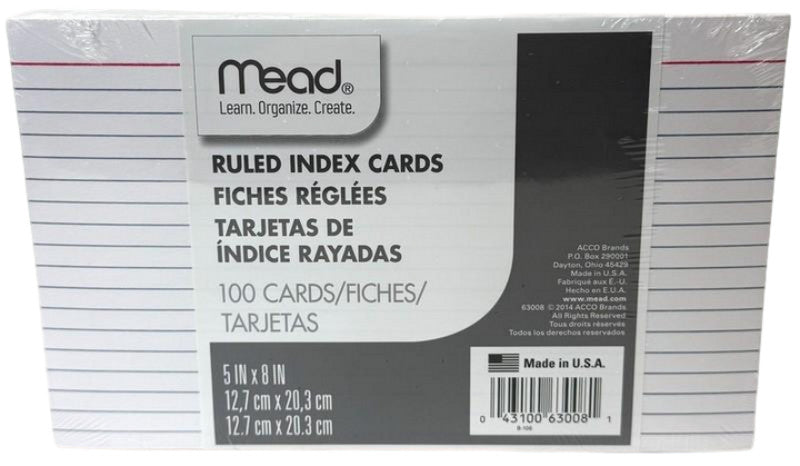 Fiches Bristol lignées Mead, paquet de 100, 12,7 x 20,3 cm