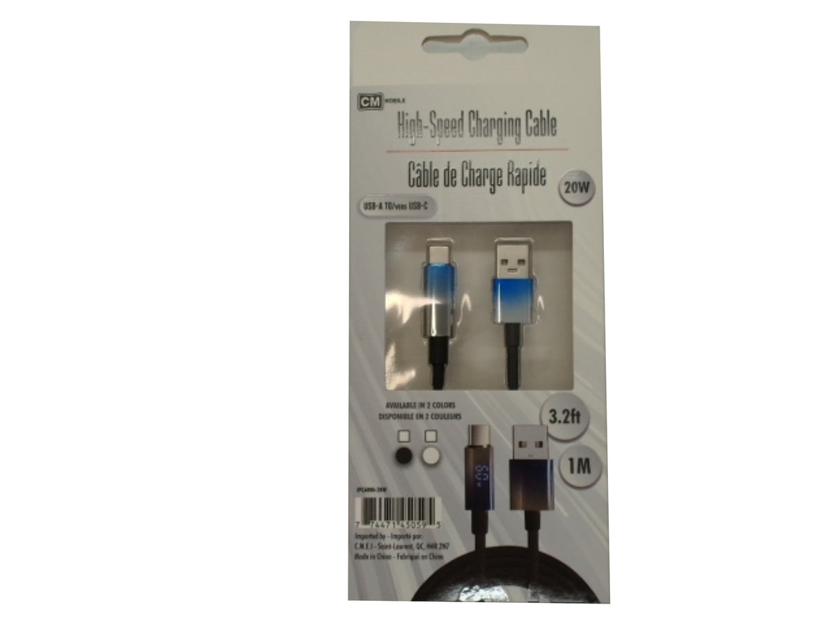 Câble USB A vers USB C de 1 m noir avec affichage CM