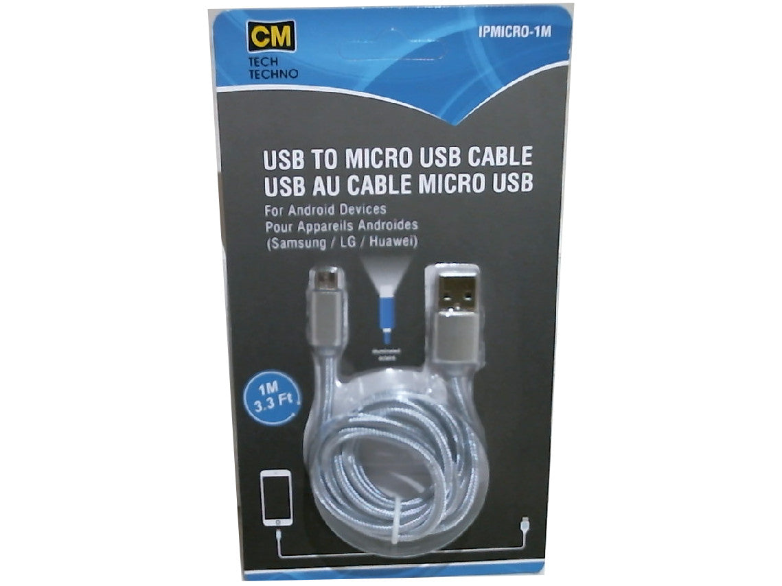 USB A - Micro USB 3.3Ft Braided Cables Ass't Colours Bulk CM