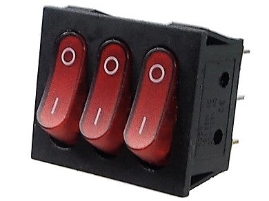 Red Rocker Switch Triple ON-OFF 20A / 125V AC or 15A / 250V 3.P.D.T. 9 pins