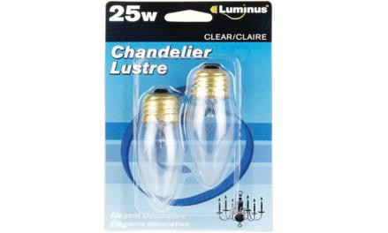 Chandlier bulb 25w 2pk Med Base clear Luminus