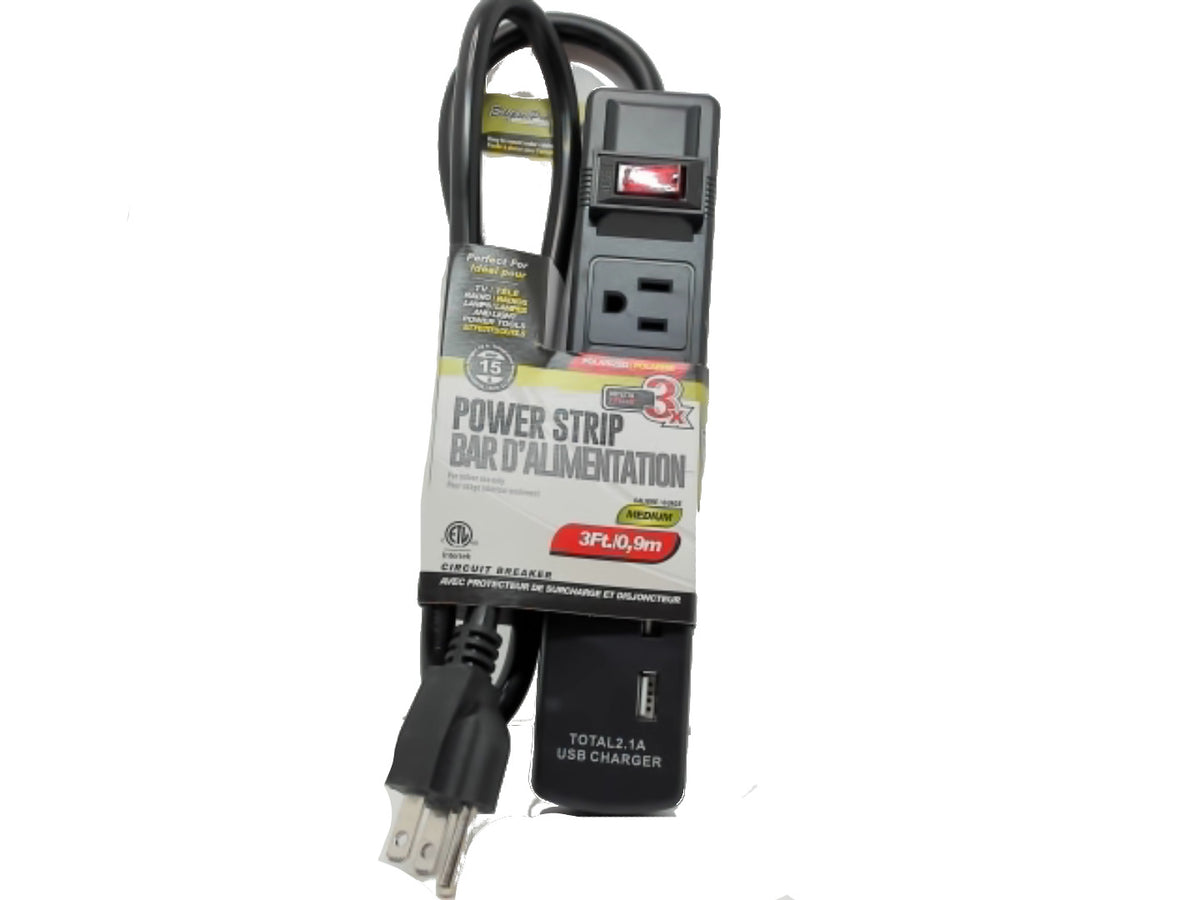 Power bar 3 foot 3 prong 3 outlet 2 usb 14/3