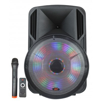 Enceinte amplifiée 15 pouces à batterie avec FM, Bluetooth, lumières LED, micro et télécommande