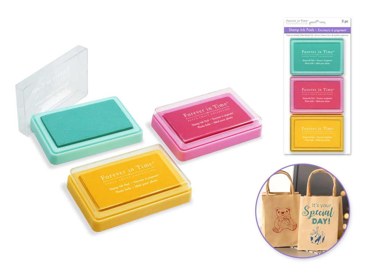 Tampon encreur : 7,6 x 4,4 cm, pigmenté, couleur unie, paquet de 3, couleurs assorties A) Vives