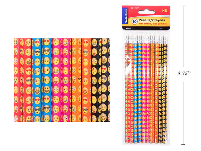 Pencils Assorted Emojis w/ Eraser10 pack Asst. Emoji's Wood Pencils w/ Eraser