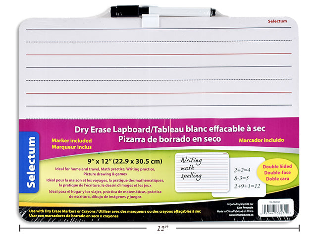 WHITEBOARD W/MARKER PLAIN + INTERLINED LINES 22.86X30.48CM 9X12" 2 SIDE LAPBOARD