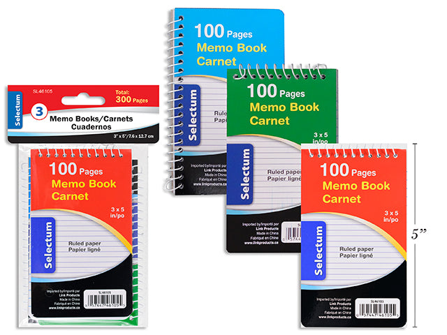 Memo Book 3pk 3"x5" 100 Pages Pack Coil Notebooks 3x5" 100 pages each pad
